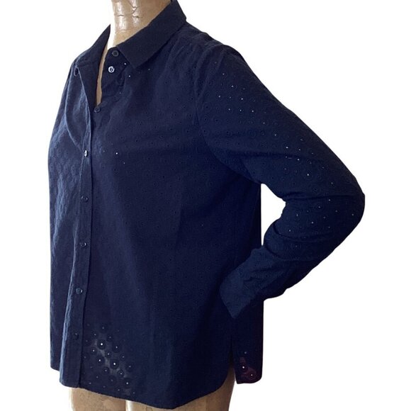 PURE Collection Navy Blue Eyelet Button Up Top Sz 12 #21N - Picture 5 of 9